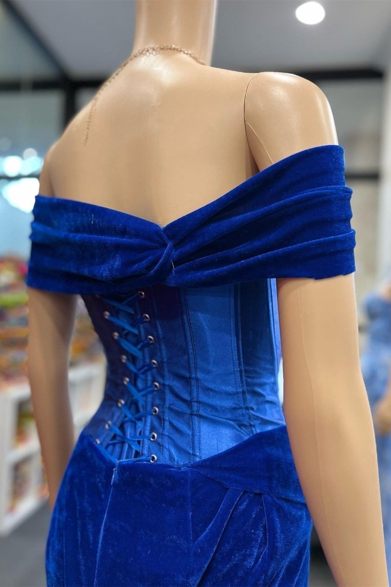 Holla | Royal Blue Velvet Off - the - Shoulder Twist - Knot Sheath Formal Gown - KissProm