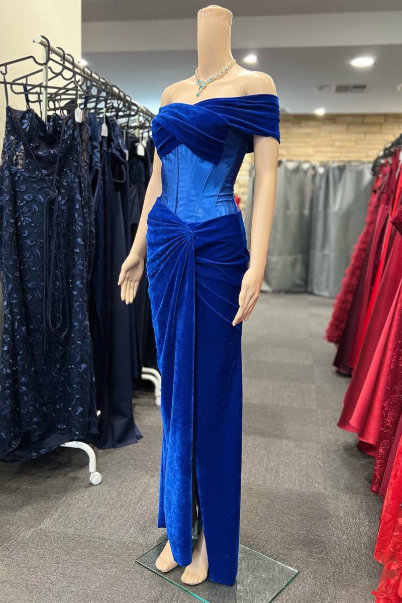 Holla | Royal Blue Velvet Off - the - Shoulder Twist - Knot Sheath Formal Gown - KissProm