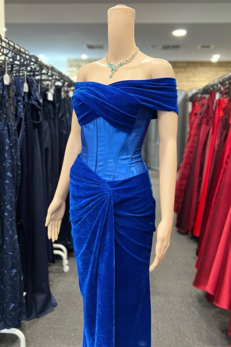 Holla | Royal Blue Velvet Off - the - Shoulder Twist - Knot Sheath Formal Gown - KissProm