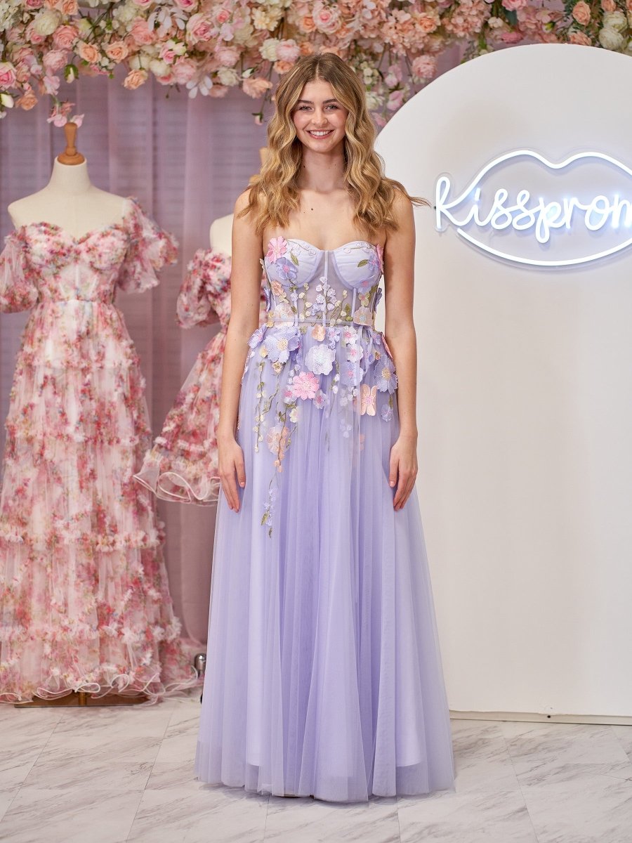 Hope | Lavender A - Line Strapless Tulle Homecoming Dress With 3D Flowers - KissProm