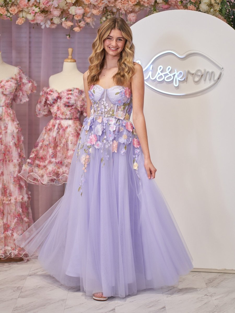 Hope | Lavender A - Line Strapless Tulle Homecoming Dress With 3D Flowers - KissProm