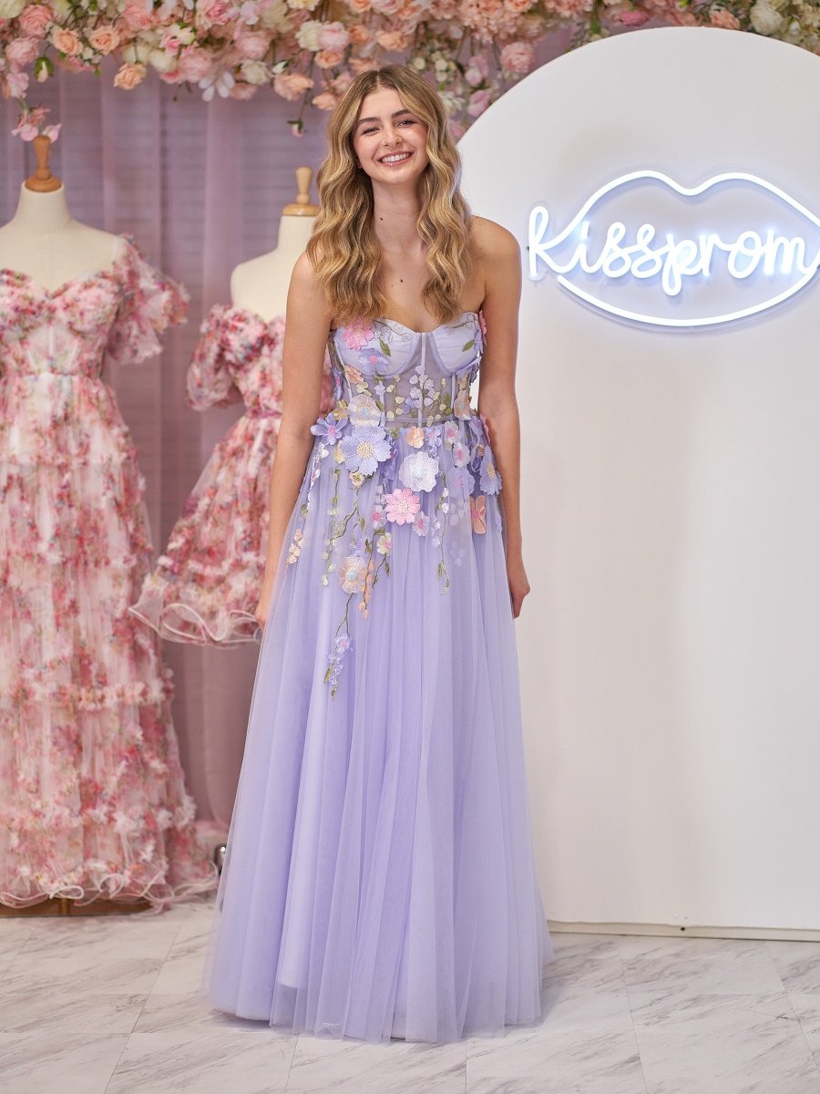 Hope | Lavender A - Line Strapless Tulle Homecoming Dress With 3D Flowers - KissProm