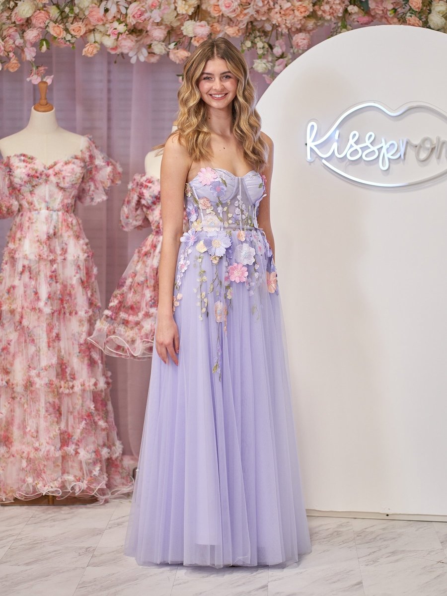 Hope | Lavender A - Line Strapless Tulle Homecoming Dress With 3D Flowers - KissProm