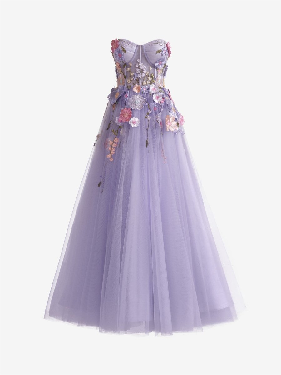 Hope | Lavender A - Line Strapless Tulle Homecoming Dress With 3D Flowers - KissProm