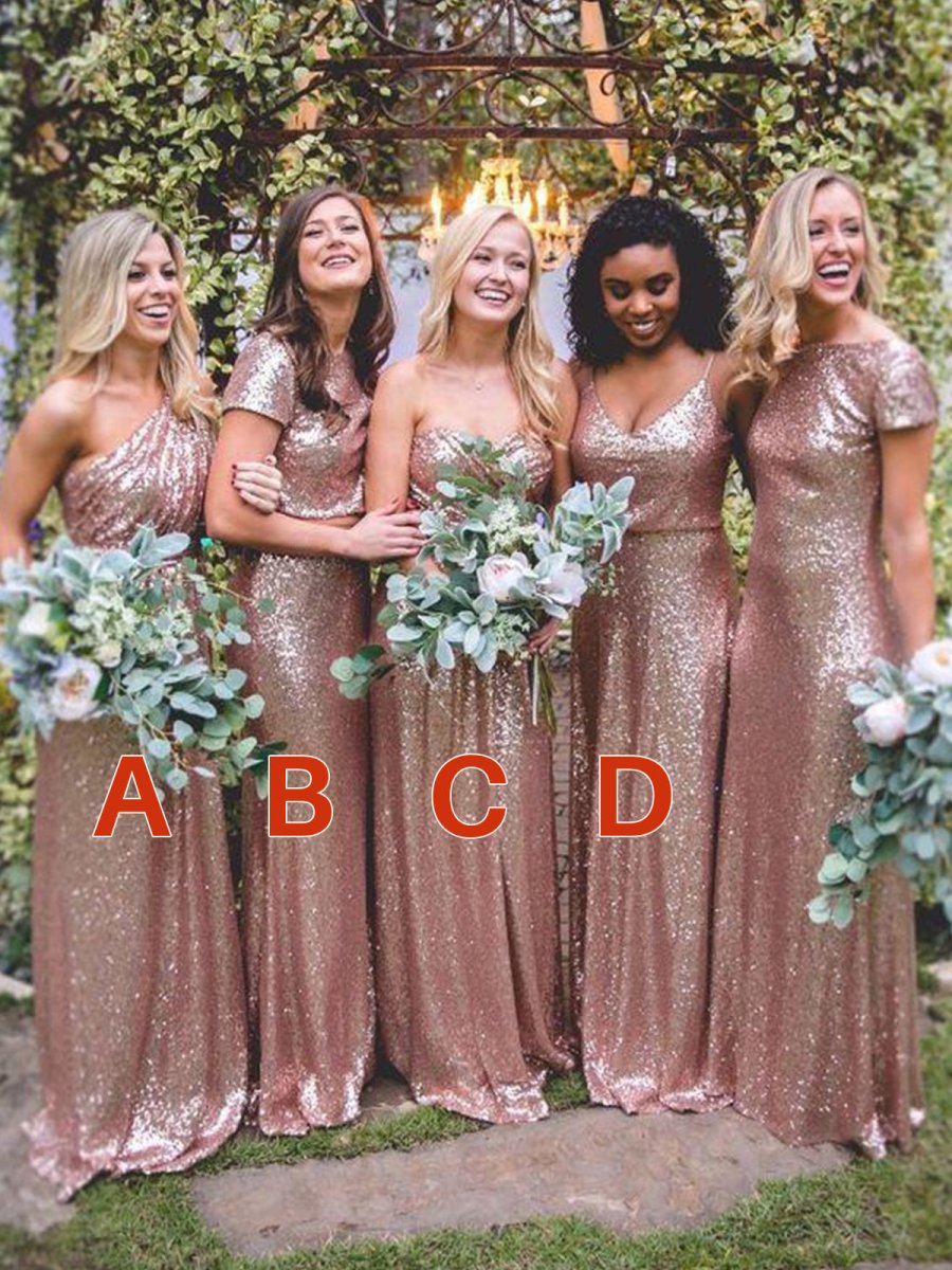 Hot Mismatched Gold Rose Sequined Bridesmaid Dresses - KissProm