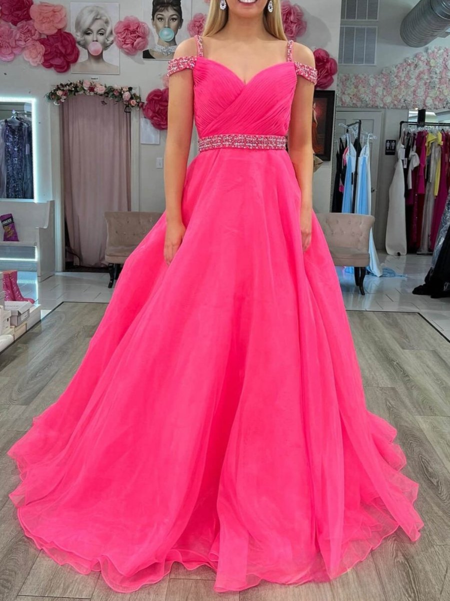 Hot Pink Beaded Cold - Shoulder A - Line Prom Dress - KissProm