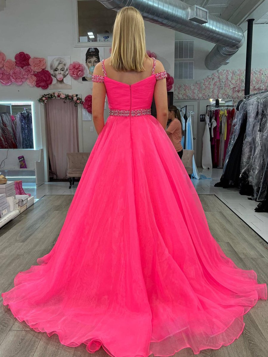 Hot Pink Beaded Cold - Shoulder A - Line Prom Dress - KissProm