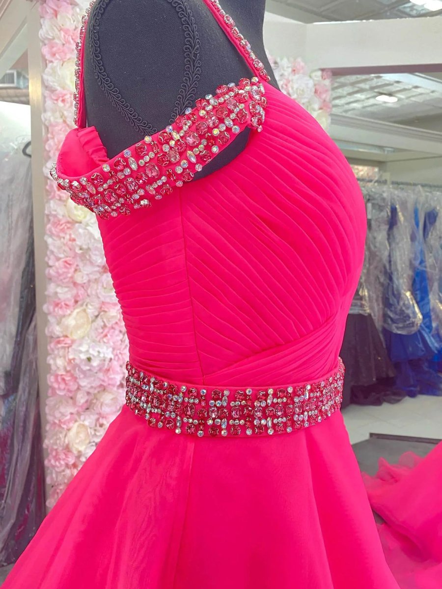 Hot Pink Beaded Cold - Shoulder A - Line Prom Dress - KissProm