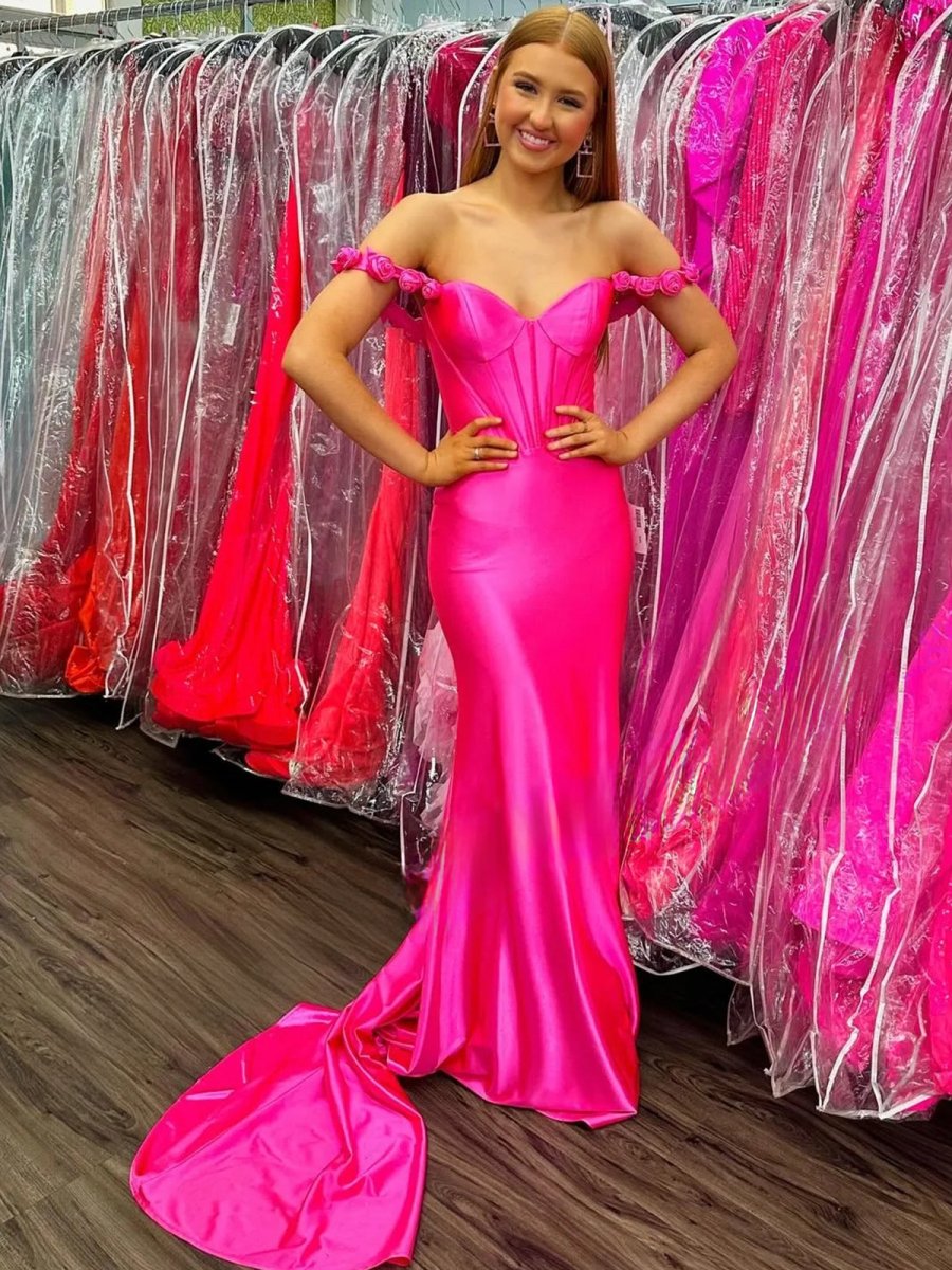 Persephone | Hot Pink Floral Straps Mermaid Satin Long Prom Dress - KissProm