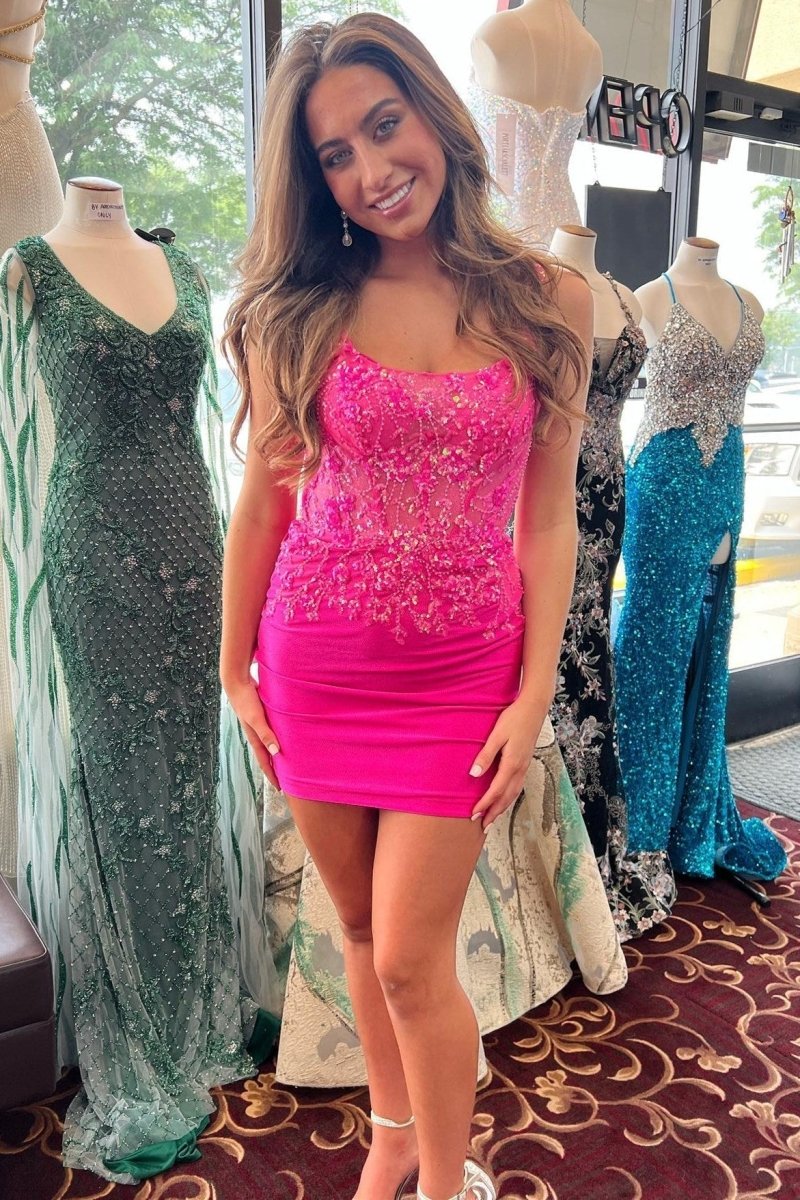 Hot Pink Sequin Lace Backless Fitted Homecoming Dress - KissProm