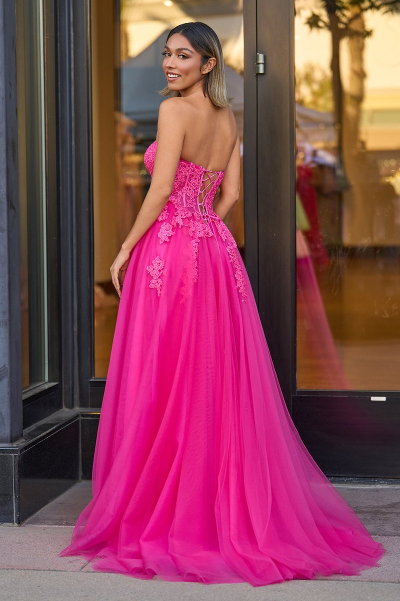 Amora |A - Line Hot Pink Tulle Lace StraplessLong Prom Dress - KissProm