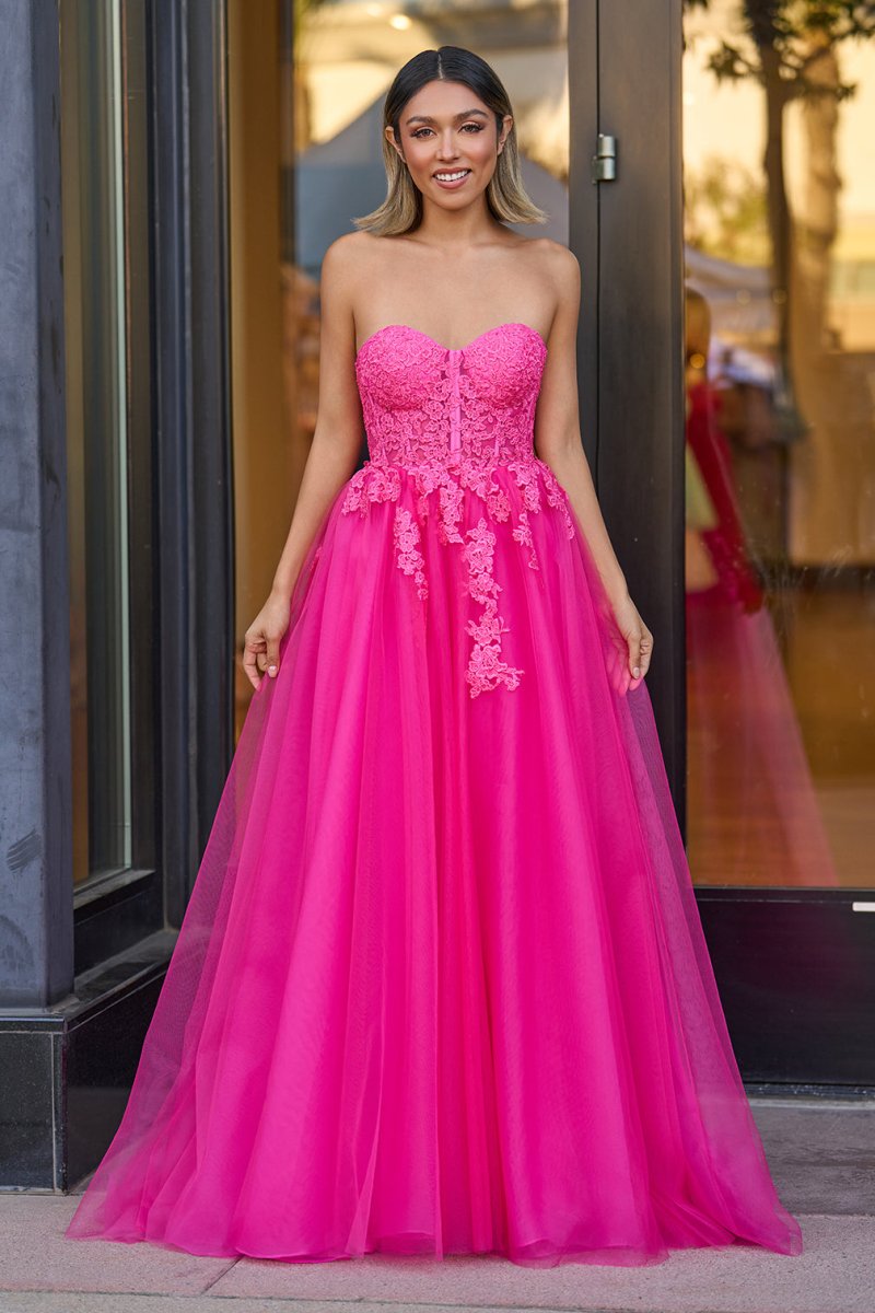 Amora |A - Line Hot Pink Tulle Lace StraplessLong Prom Dress - KissProm