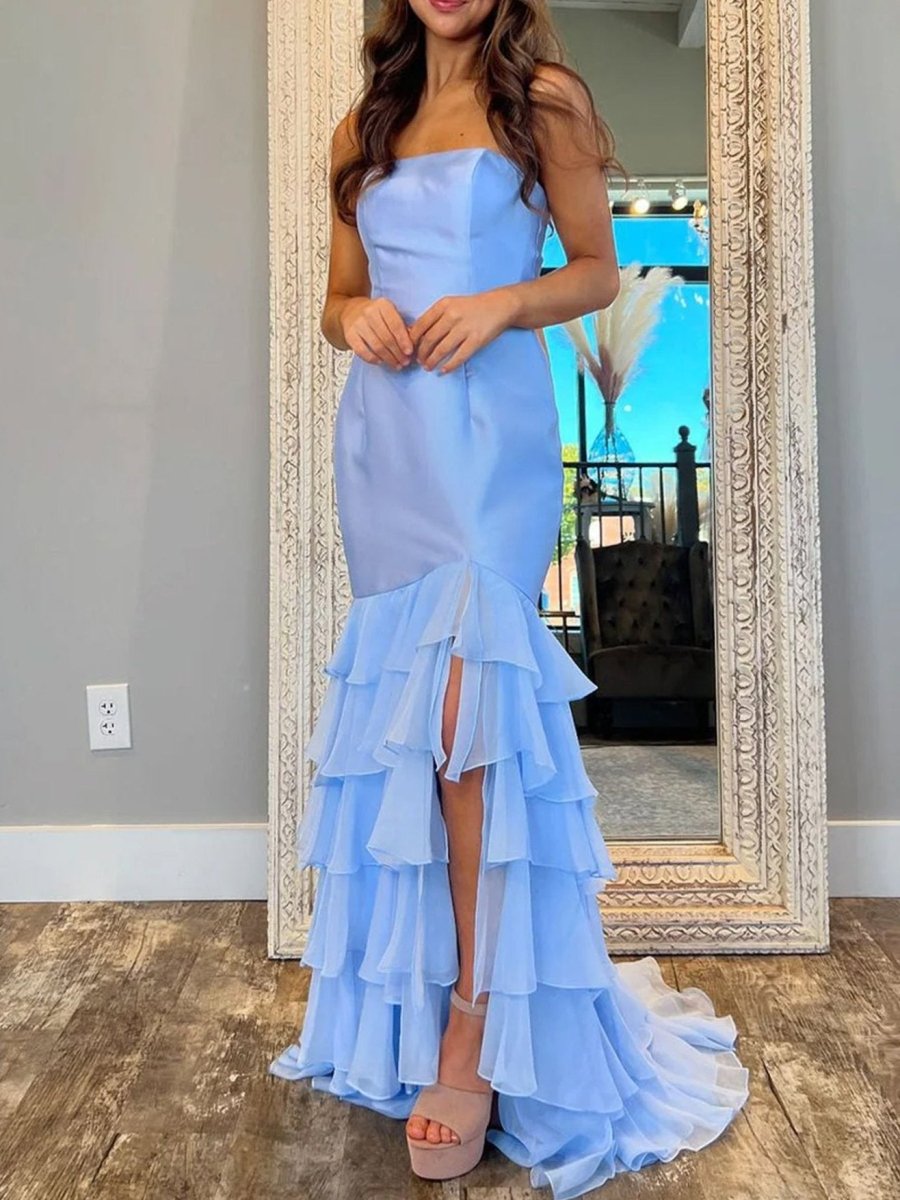 Ida | Sky Blue Mermaid Strapless Prom Dresses With Split - KissProm