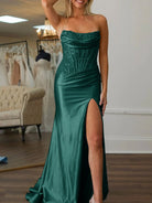 Idra | Emerald Green Beaded Strapless Applique Formal Dress with Slit - KissProm