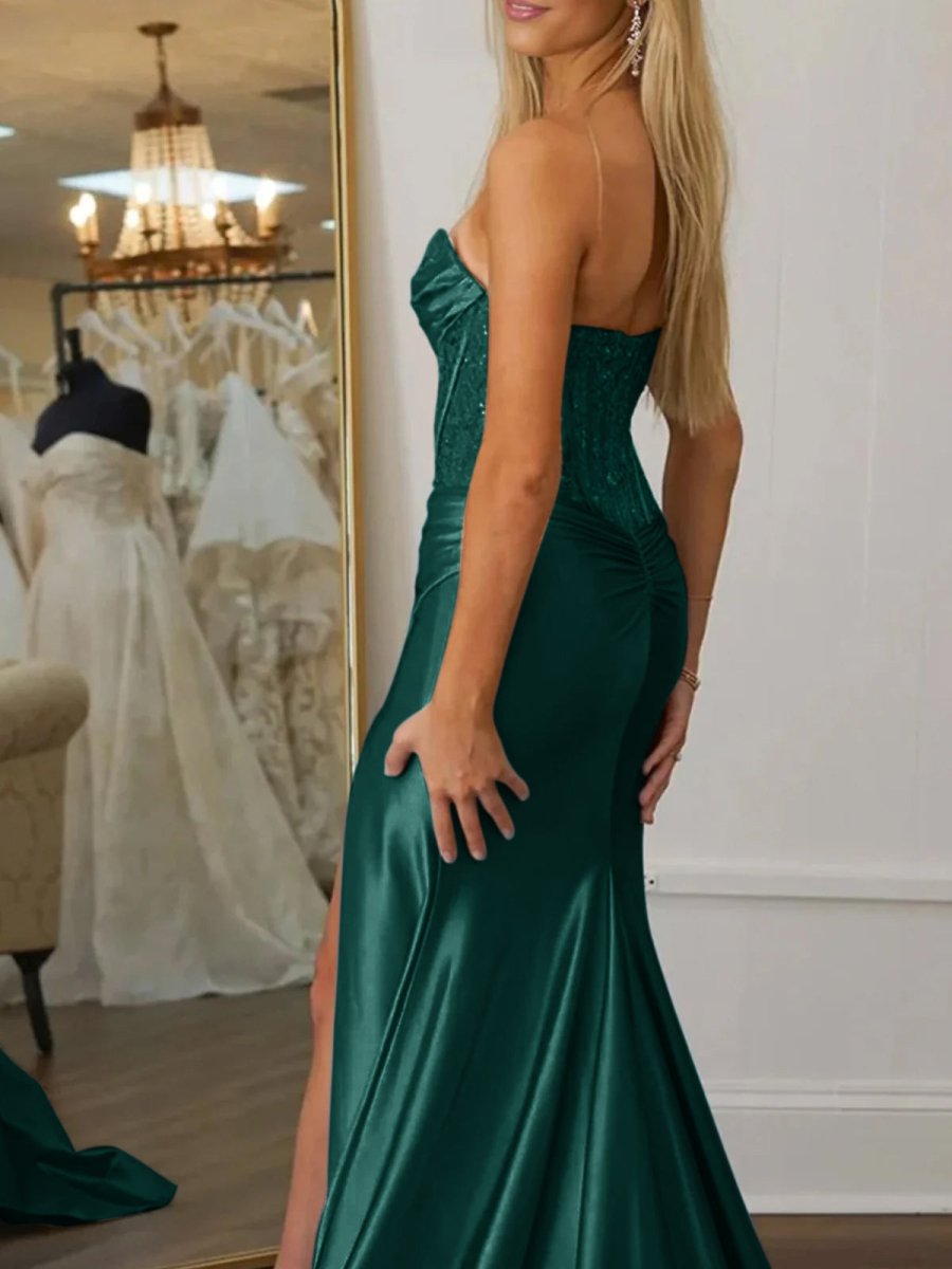 Idra | Emerald Green Beaded Strapless Applique Formal Dress with Slit - KissProm