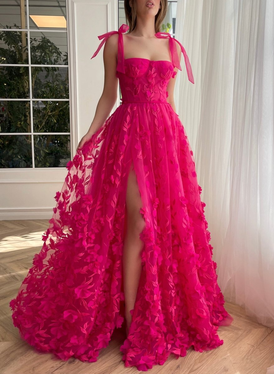 Kayleigh | Fuchsia Elegant A - line 3D Flower Lace Prom Dress With Slit - KissProm