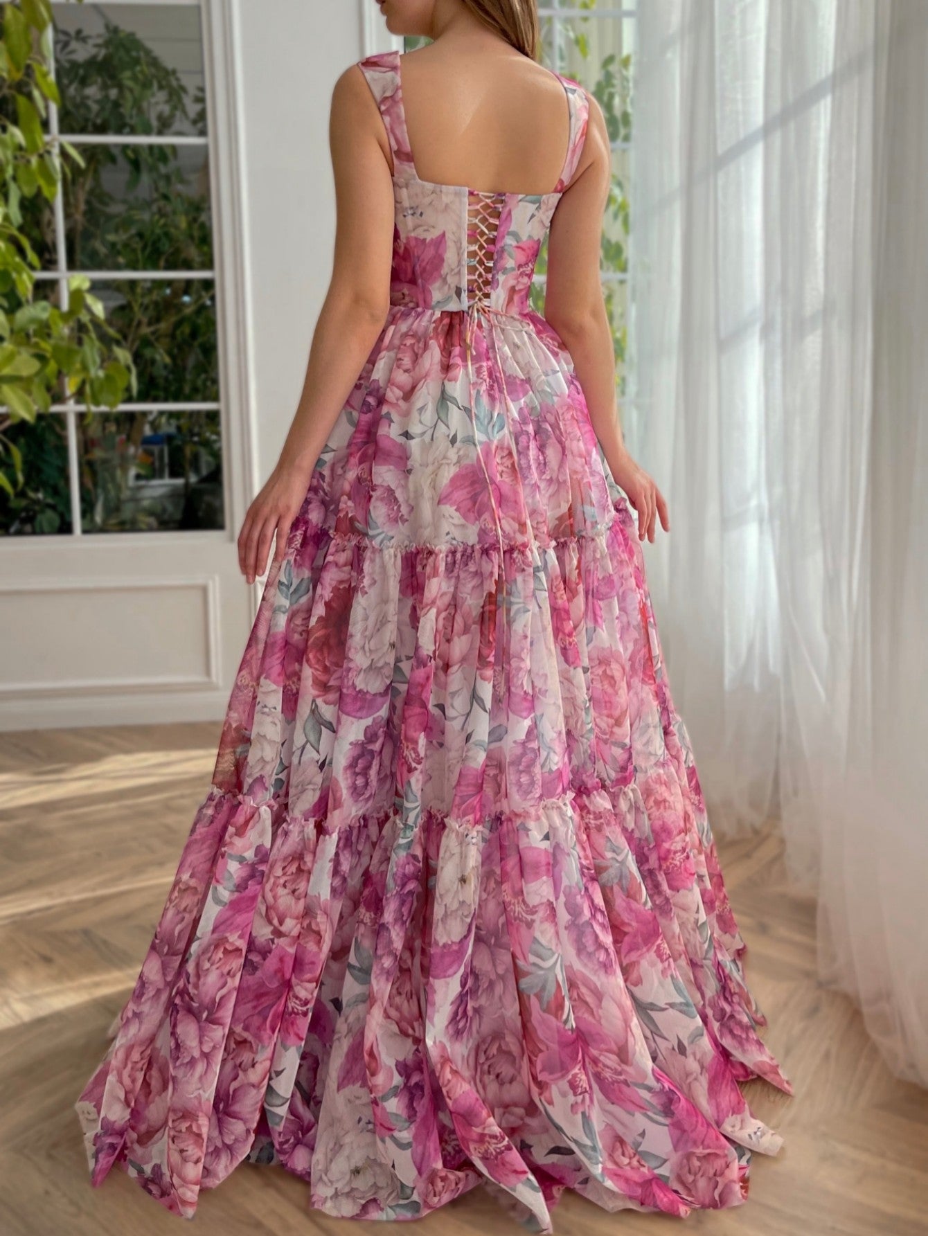 A Line Floral Pink Long Prom Dress | KissProm