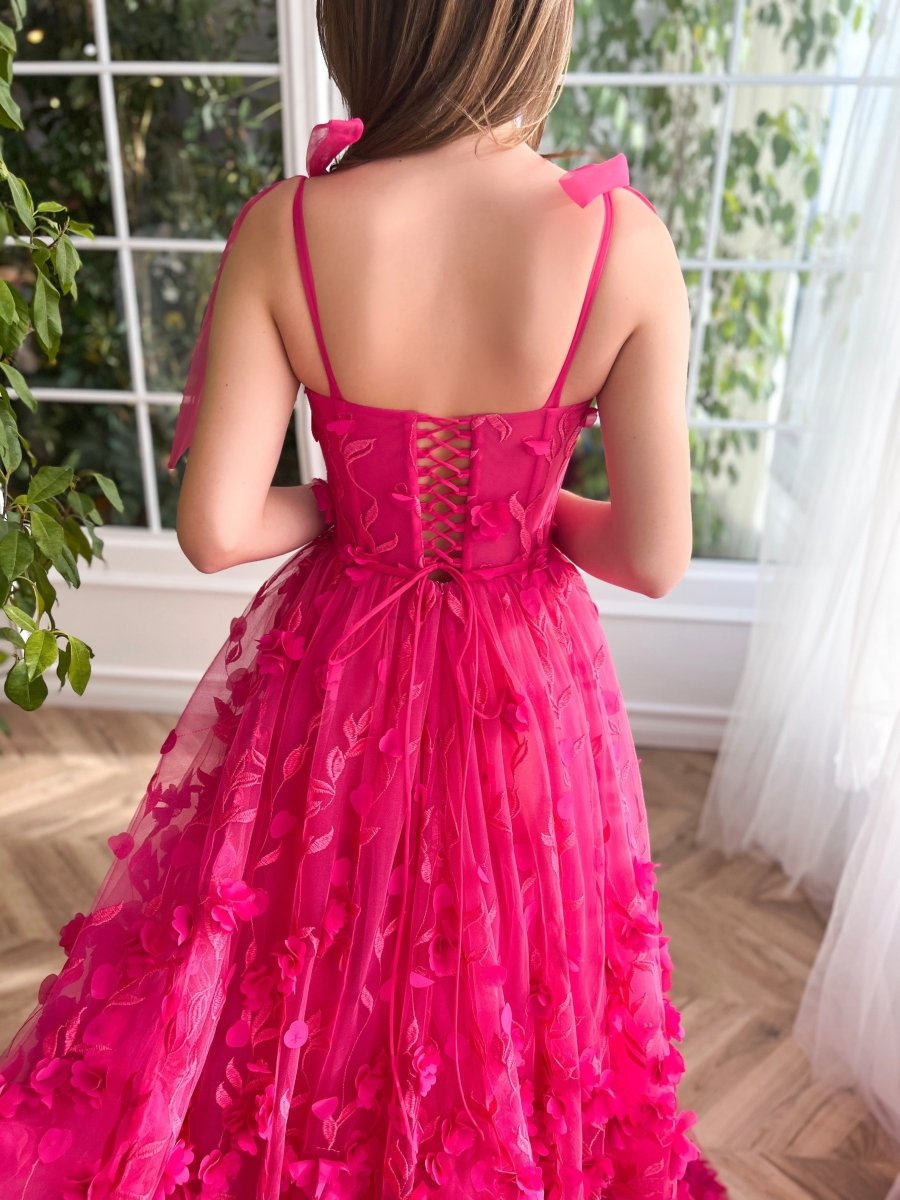 Kayleigh | Fuchsia Elegant A - line 3D Flower Lace Prom Dress With Slit - KissProm