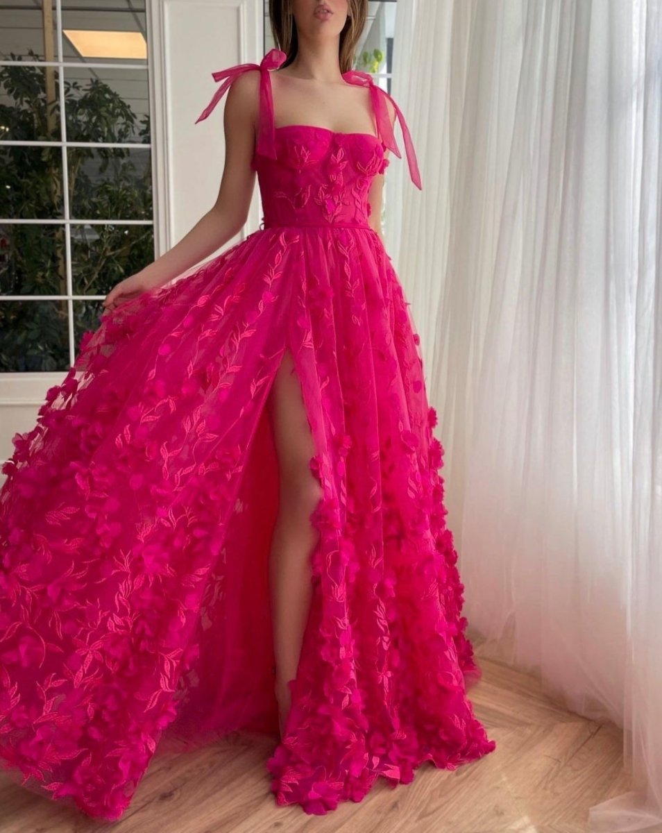 Kayleigh | Fuchsia Elegant A - line 3D Flower Lace Prom Dress With Slit - KissProm