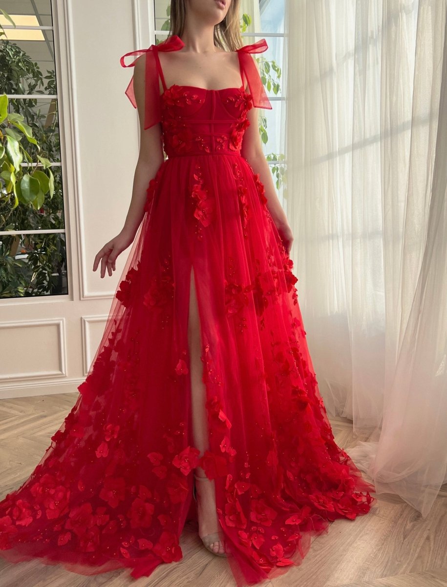 Cameron | Scarlet Lace A - line 3D Flower Long Prom Dress With Slit - KissProm