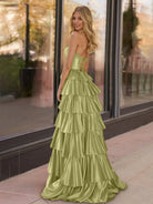 Indiana | Yellow Strapless Satin Ruffle Tiered Beaded A Line Prom Dresses - KissProm