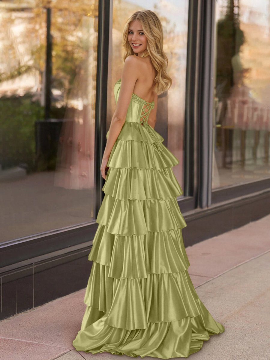 Indiana | Yellow Strapless Satin Ruffle Tiered Beaded A Line Prom Dresses - KissProm