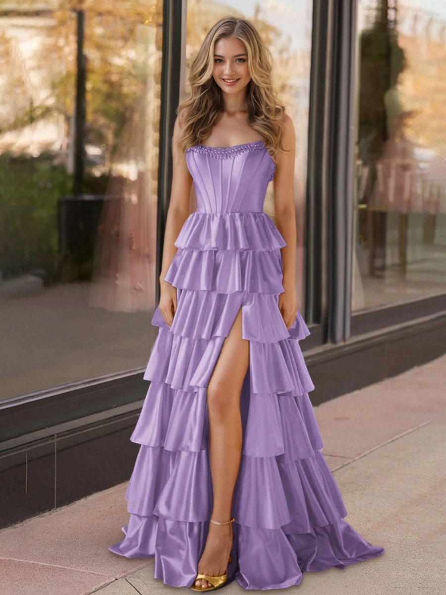 Indiana | Yellow Strapless Satin Ruffle Tiered Beaded A Line Prom Dresses - KissProm