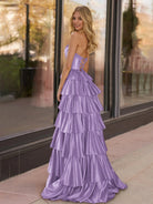 Indiana | Yellow Strapless Satin Ruffle Tiered Beaded A Line Prom Dresses - KissProm