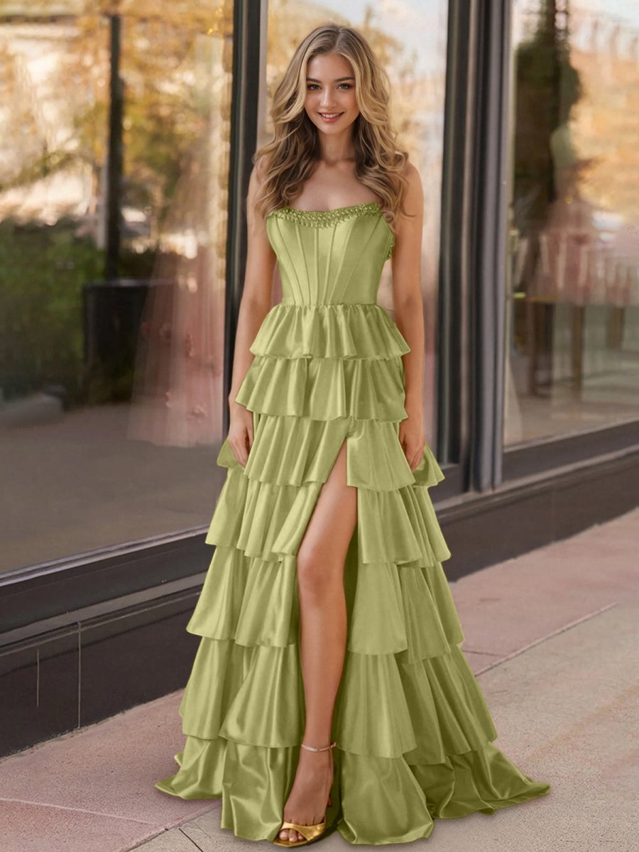 Indiana | Yellow Strapless Satin Ruffle Tiered Beaded A Line Prom Dresses - KissProm