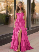 Indiana | Yellow Strapless Satin Ruffle Tiered Beaded A Line Prom Dresses - KissProm