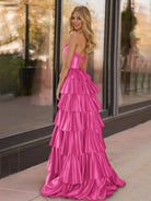 Indiana | Yellow Strapless Satin Ruffle Tiered Beaded A Line Prom Dresses - KissProm