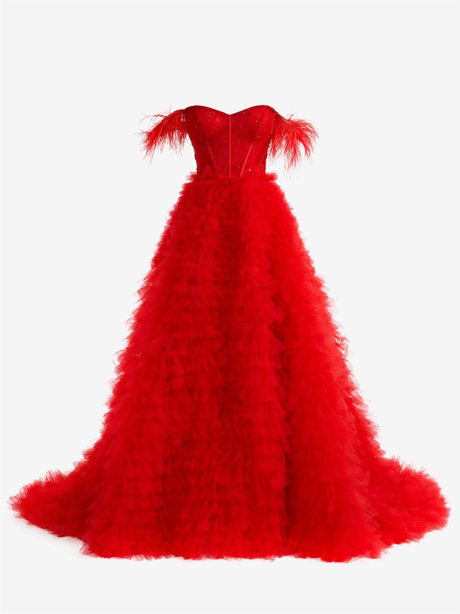 Ingrid |Red A Line Sweetheart Tiered Tulle Long Prom Dress With Slit - KissProm