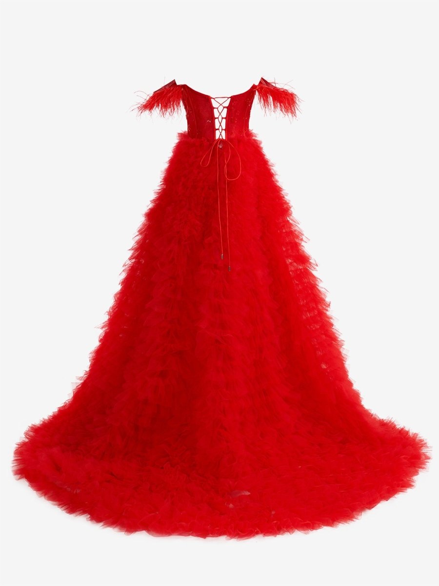 Ingrid |Red A Line Sweetheart Tiered Tulle Long Prom Dress With Slit - KissProm