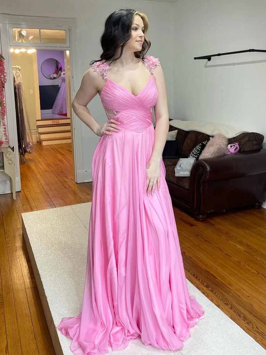 Iona | Pink Pleated Chiffon A - line Long Prom Dress - KissProm