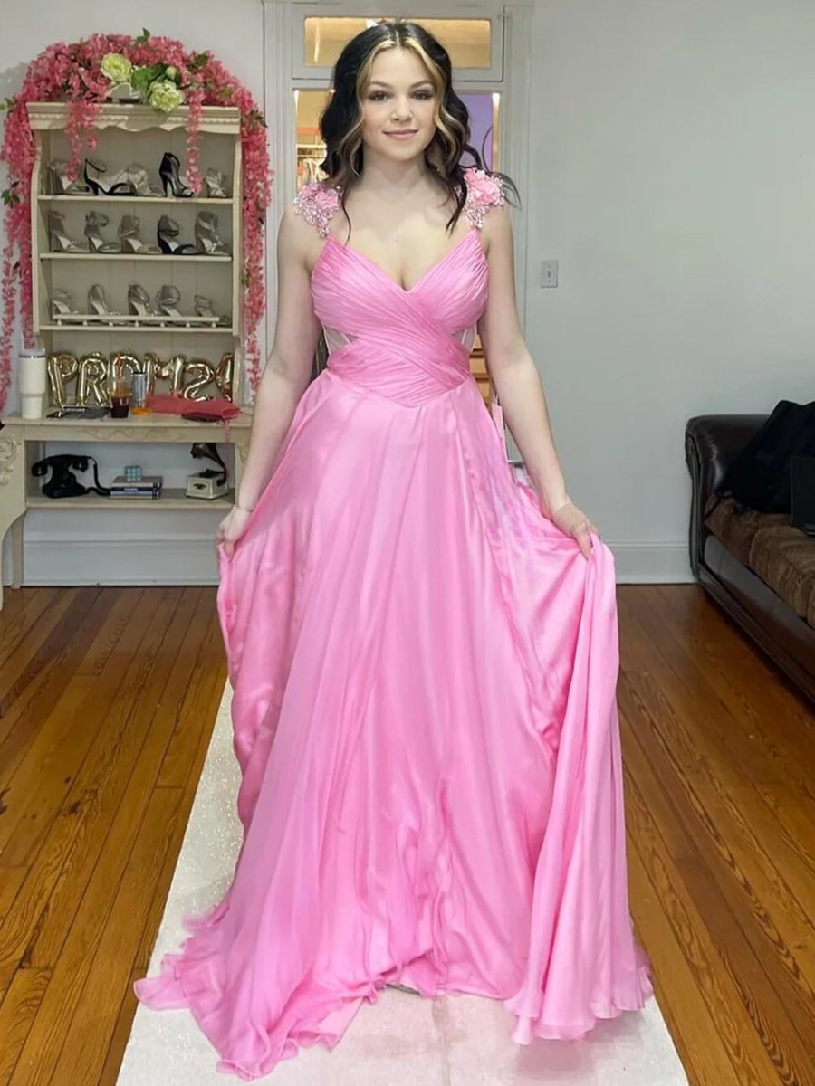 Iona | Pink Pleated Chiffon A - line Long Prom Dress - KissProm