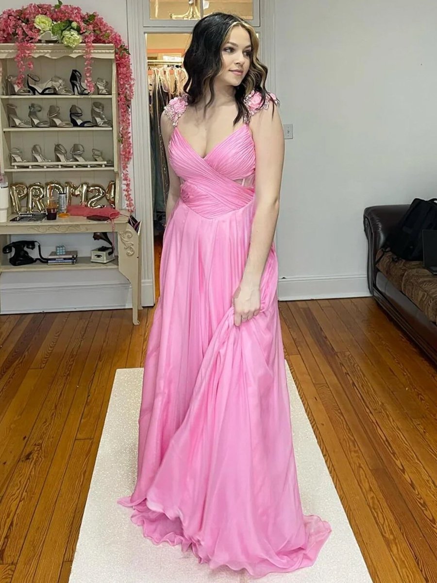 Iona | Pink Pleated Chiffon A - line Long Prom Dress - KissProm