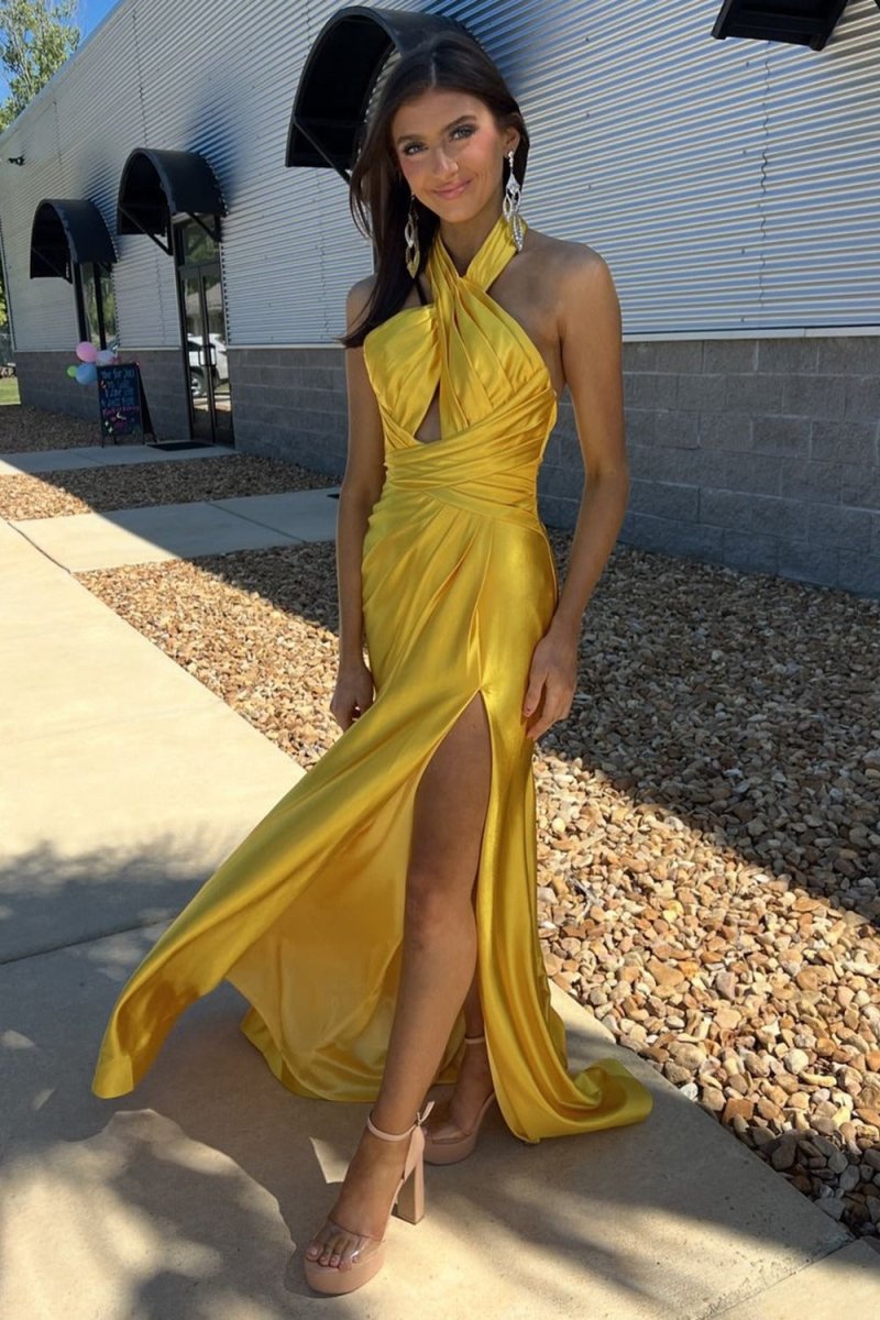 Iras | Yellow Halter Satin Mermaid Long Prom Dress With Slit - KissProm