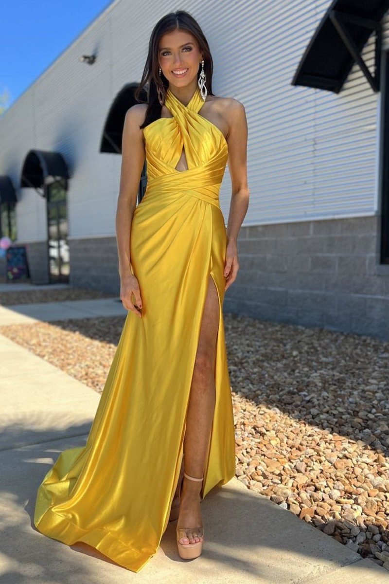 Iras | Yellow Halter Satin Mermaid Long Prom Dress With Slit - KissProm