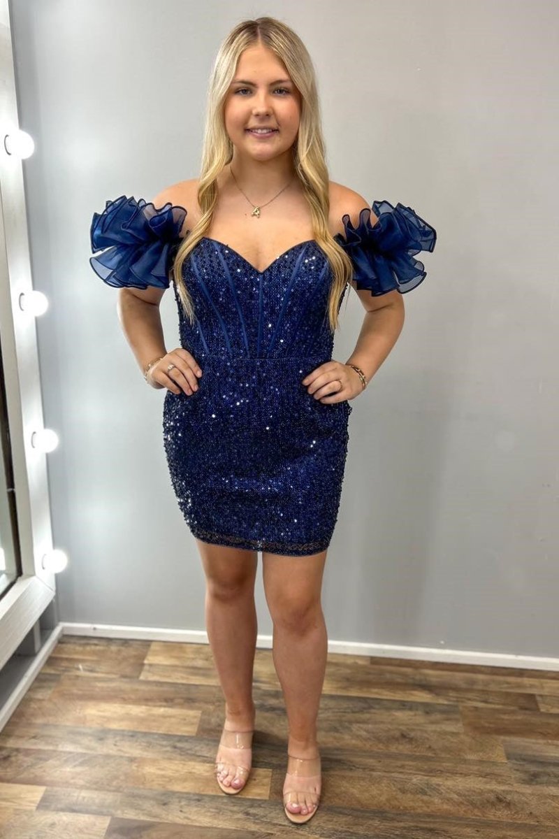 Bodycon Off - the - Shoulder Blue Iridescent Sequin Short Homecoming Dress - KissProm