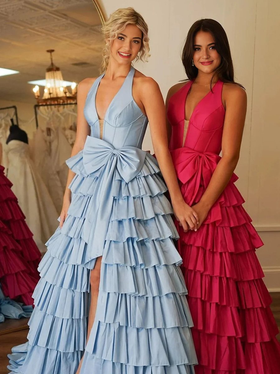 Iridium | Halter A - Line Blue Satin Long Ruffled Prom Dress With Slit - KissProm