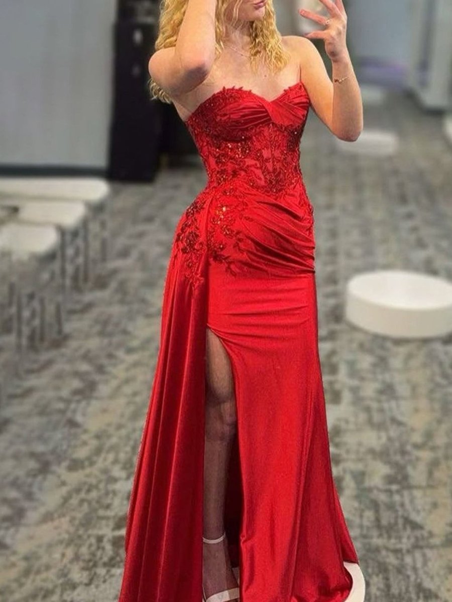 Irmeli | Mermaid Sweetheart Red Slit Long Prom Dresses with Appliques - KissProm