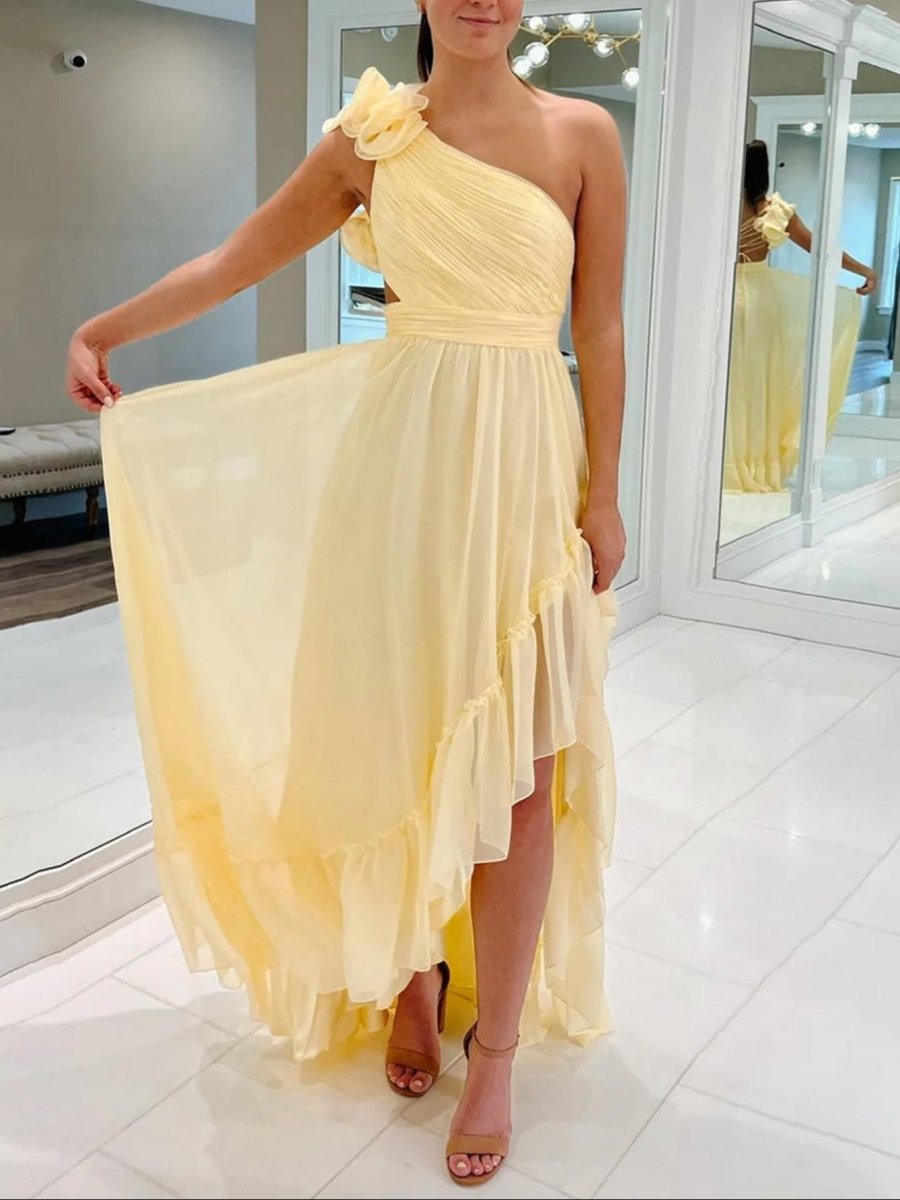 Ishmael | Light Yellow A - line One Shoulder Lace - Up Pleated Ruffle High - Low Prom Dress - KissProm