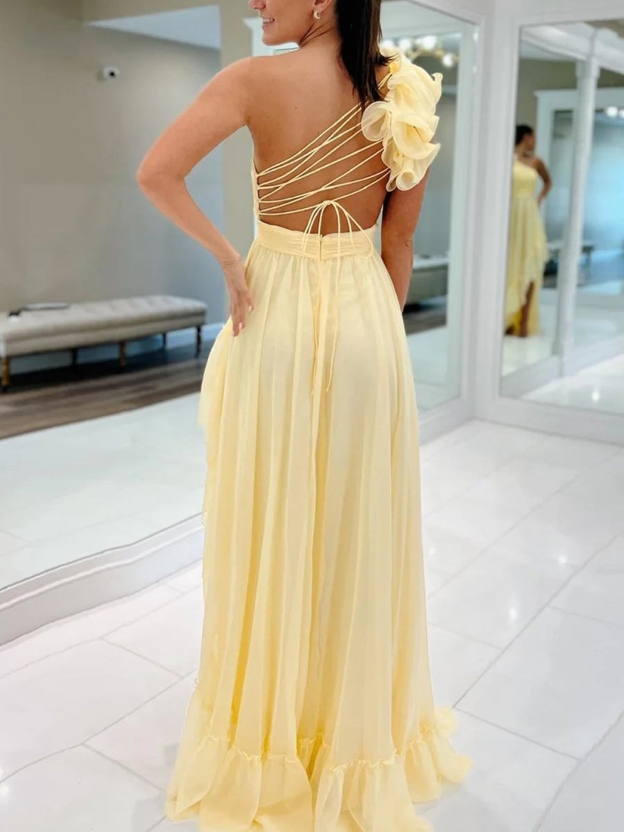 Ishmael | Light Yellow A - line One Shoulder Lace - Up Pleated Ruffle High - Low Prom Dress - KissProm