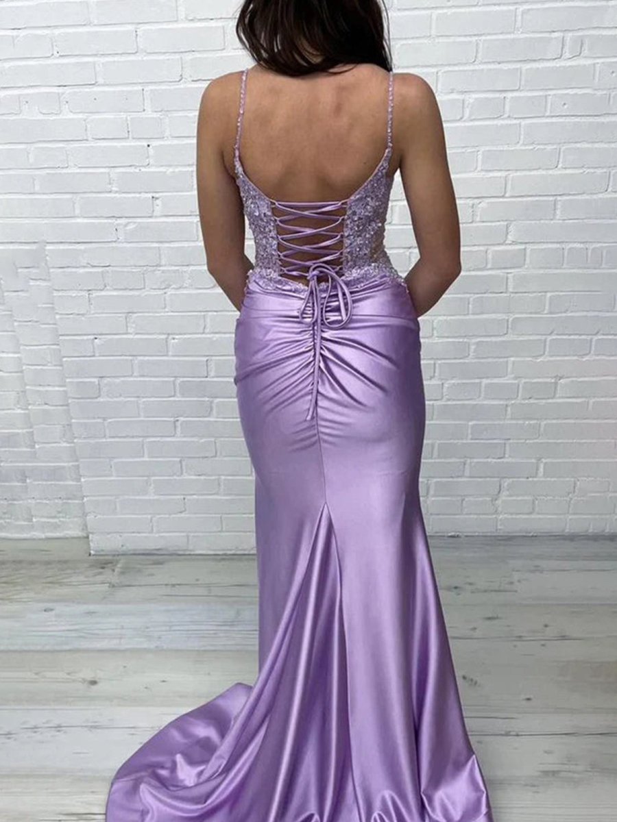 Iskander | Mermaid V Neck Lavender Satin Long Prom Dresses with Appliques - KissProm