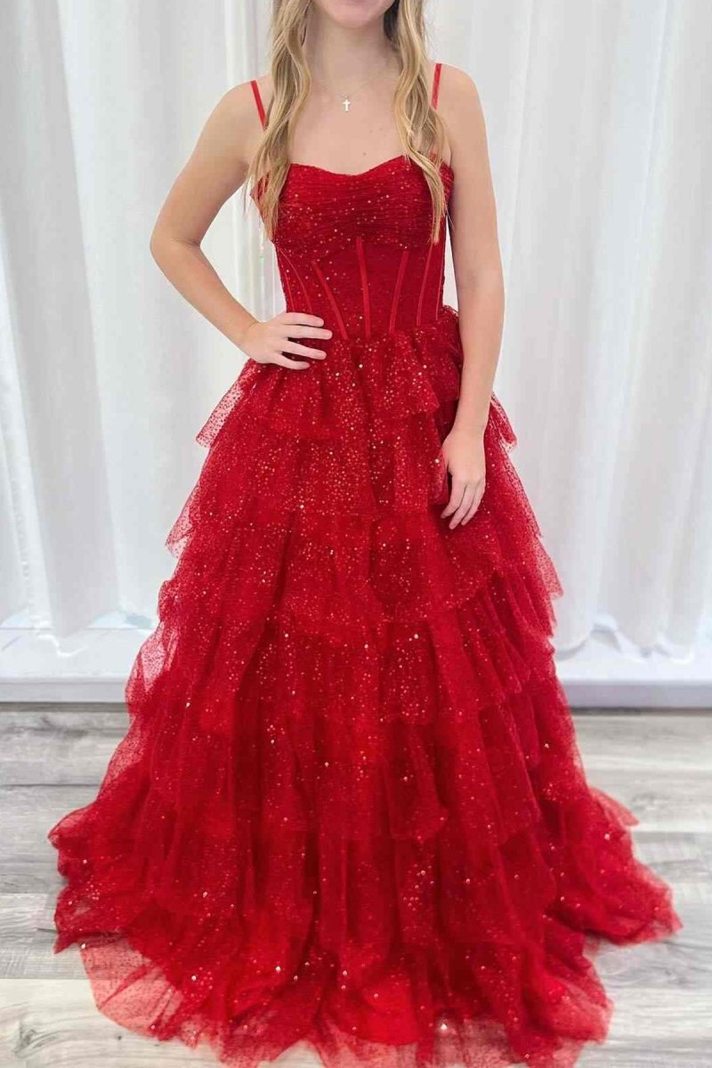 Isoline | Gorgeous Sparkle Tulle Red Spaghetti Straps Ruched Prom Dress - KissProm