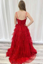 Isoline | Gorgeous Sparkle Tulle Red Spaghetti Straps Ruched Prom Dress - KissProm