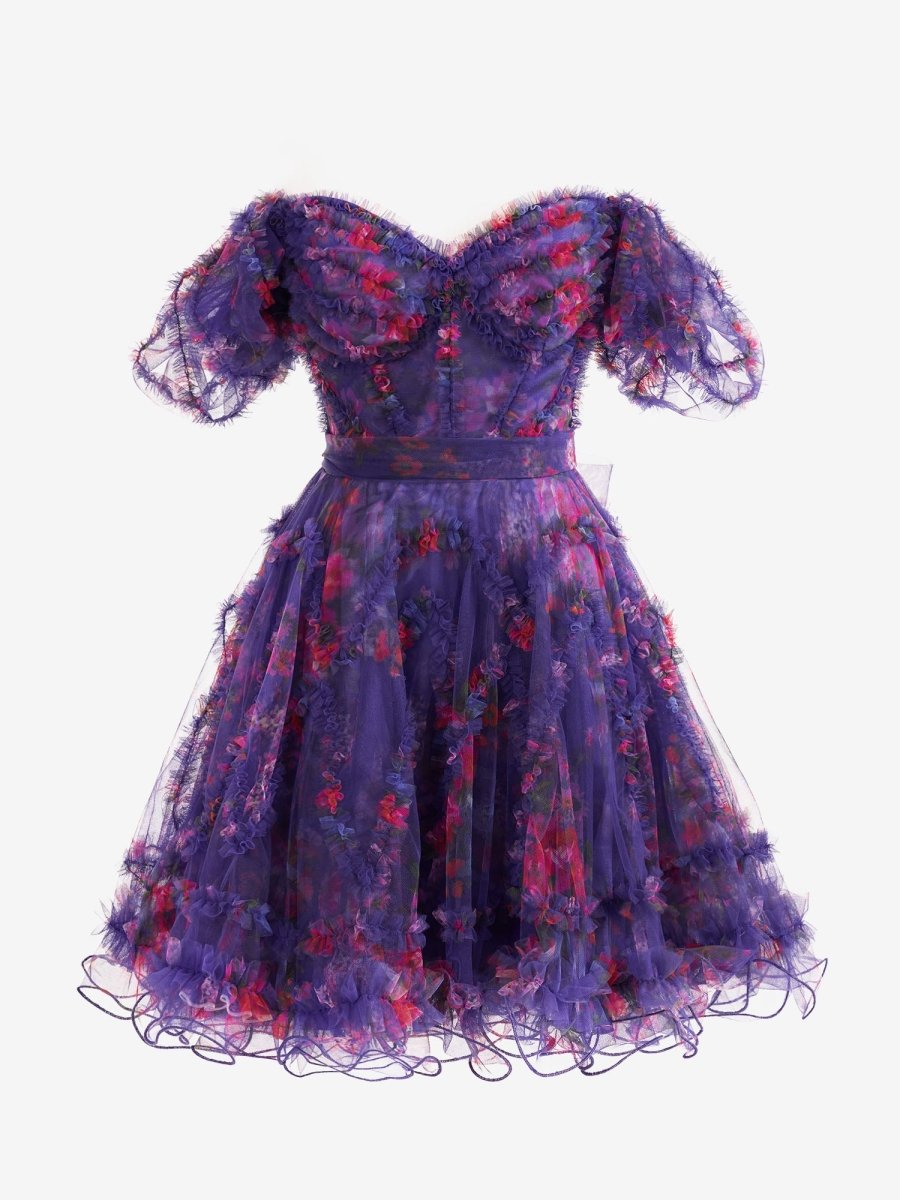 Ivana | Purple A Line Off the Shoulder Floral Printed Homecoming Dress - KissProm