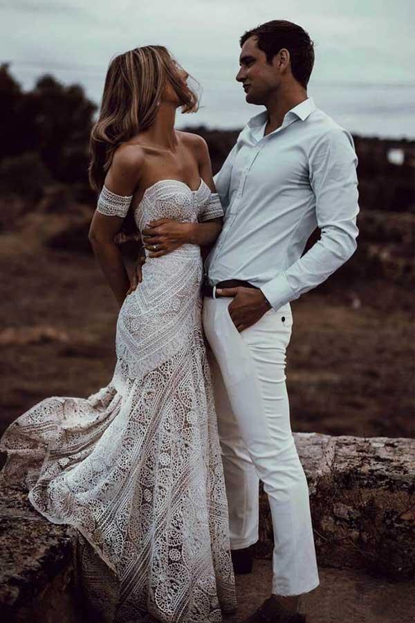 Ivory Lace Sheath Sweetheart Neck Boho Beach Wedding Dresses | KissProm