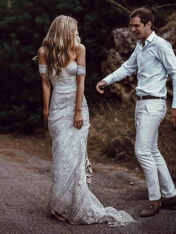 Ivory Lace Sheath Sweetheart Neck Boho Beach Wedding Dresses | KissProm