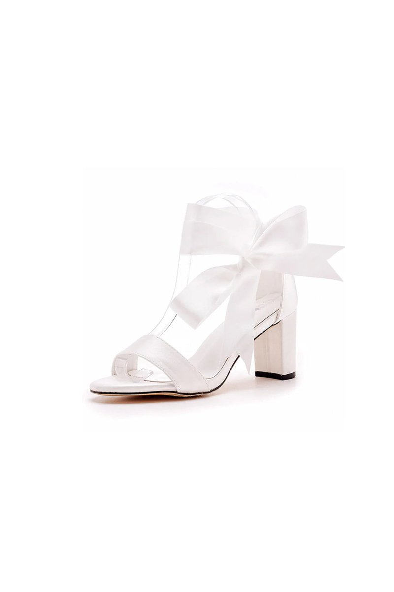 Ivory Satin Tied Open Toe Ankle Strap Chunky Heel Sandals - KissProm